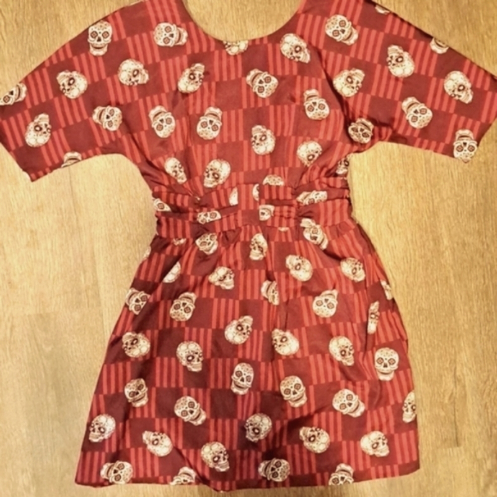 Adorable Skull Print Cinch Waist Mini Dress With Pockets Size Small